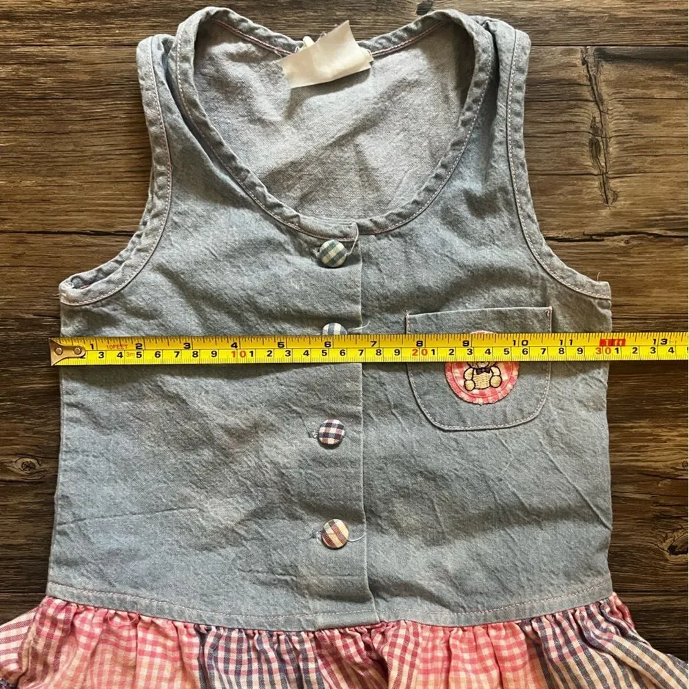 Vintage Bonnie Jean Sport Girls Denim & Tartan Plaid Tiered Hem SleevelessDress